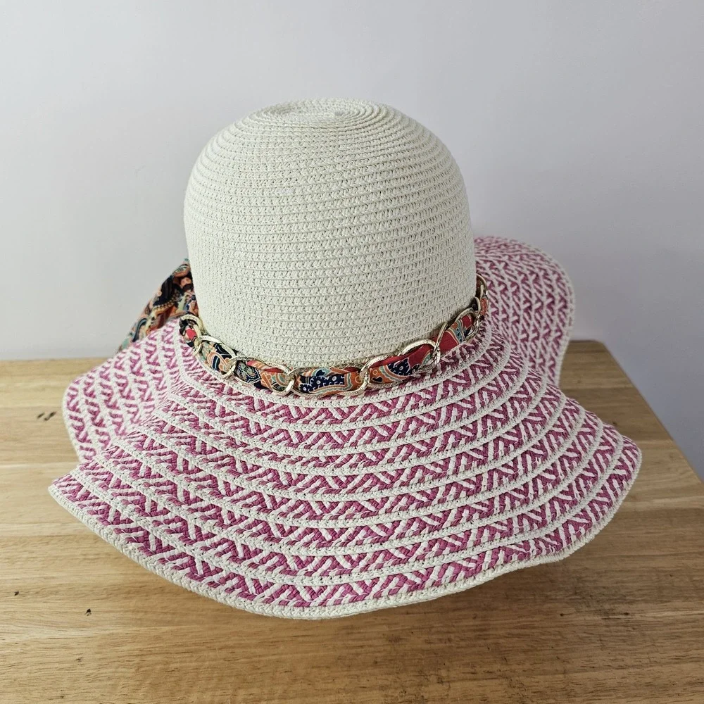 Womens Gold Chain Band Paisley Scarf Boho Straw Beach Sun Panama Hat White Pink‎